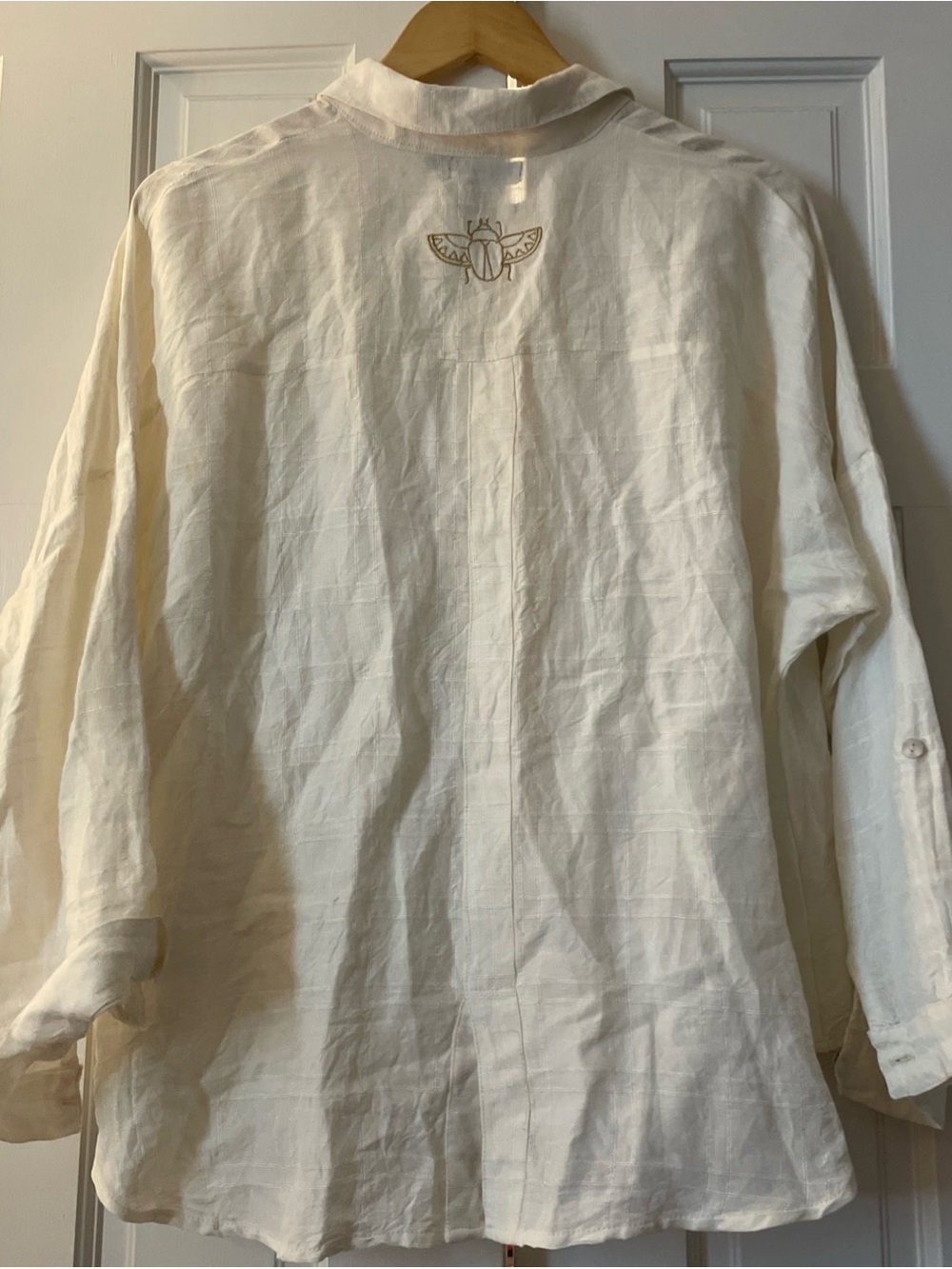 Kim Van Lou Linen Blend Oversized Blouse White Embroidered Scarab Beetle S/M - Picture 5 of 6